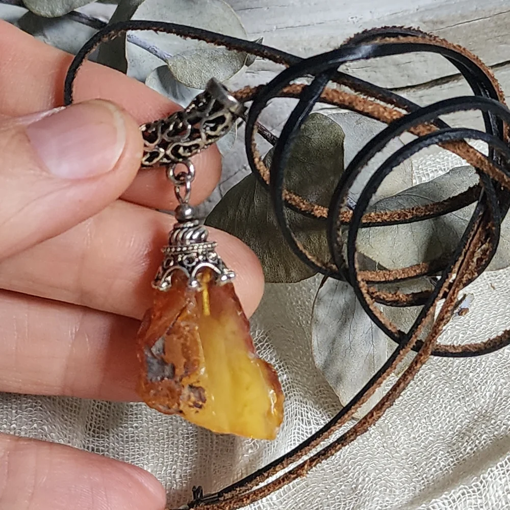 Amber Jewelry Boho Tribal Talisman AMBER NUGGET PENDANT Genuine Leather Cord